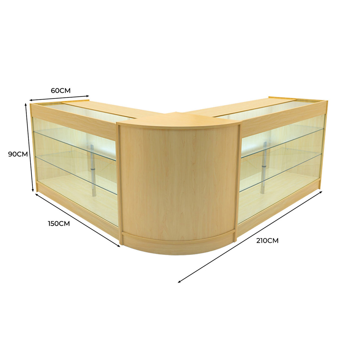 Eckige Verkaufstheke aus hellem Ahornholz mit Glasvitrinen, 90 cm hoch, 210 cm breit und 150 cm tief, ideal für den Einzelhandel