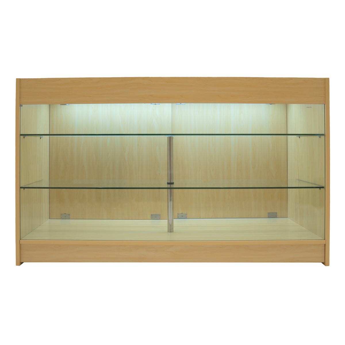 Verkaufstheke aus Ahorn mit zwei Glasregalen, beleuchtet, modernes Design, klare Linien, ideal für die Präsentation von Produkten in Geschäften