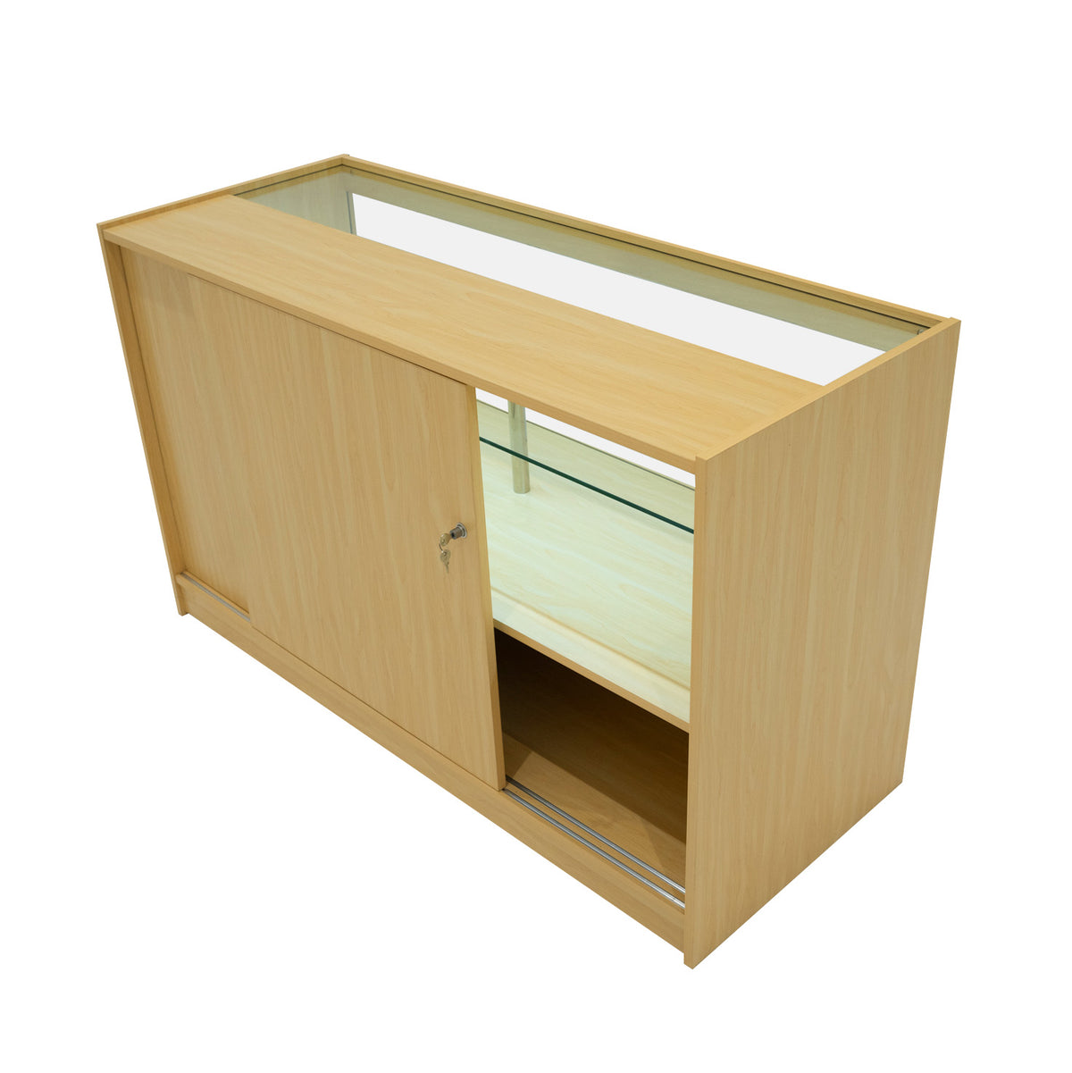 Moderne Adonis LED Ladentheke in Ahorn mit gläserner Vitrine, Schiebetür und eleganter Holzoberfläche, ideal für den Einzelhandel