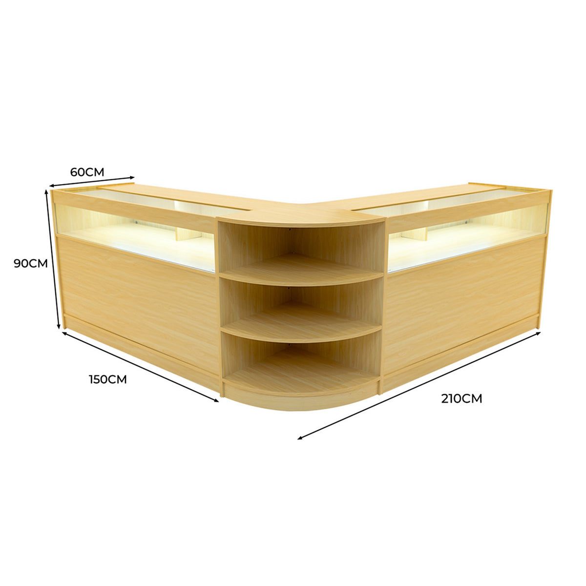 Verkaufstheken-Set aus hellem Ahornholz mit LED-Beleuchtung, abgerundeten Kanten, offenen Regalen und modernen, eleganten Linien, ideal für Geschäfte