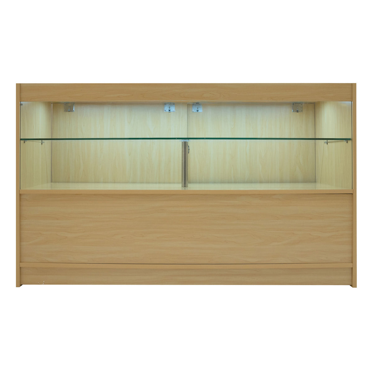 Verkaufstheke aus hellem Ahornholz mit Glasregalen und integrierter LED-Beleuchtung, ideal für die Präsentation von Produkten in Geschäften