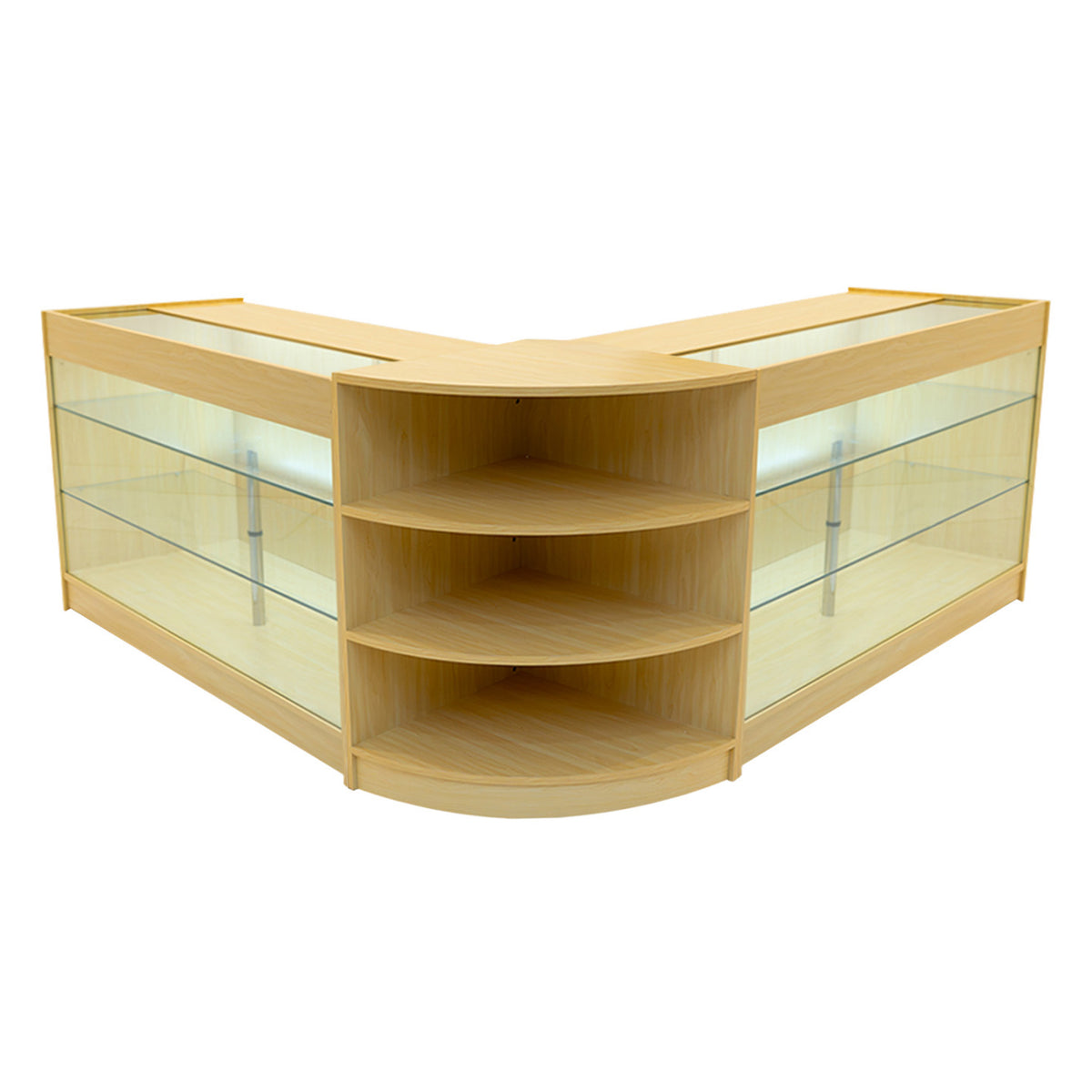 Verkaufstheken-Set aus hellem Ahornholz mit Glasregalen, LED-Beleuchtung und modernem, geschwungenem Design für ansprechende Präsentation