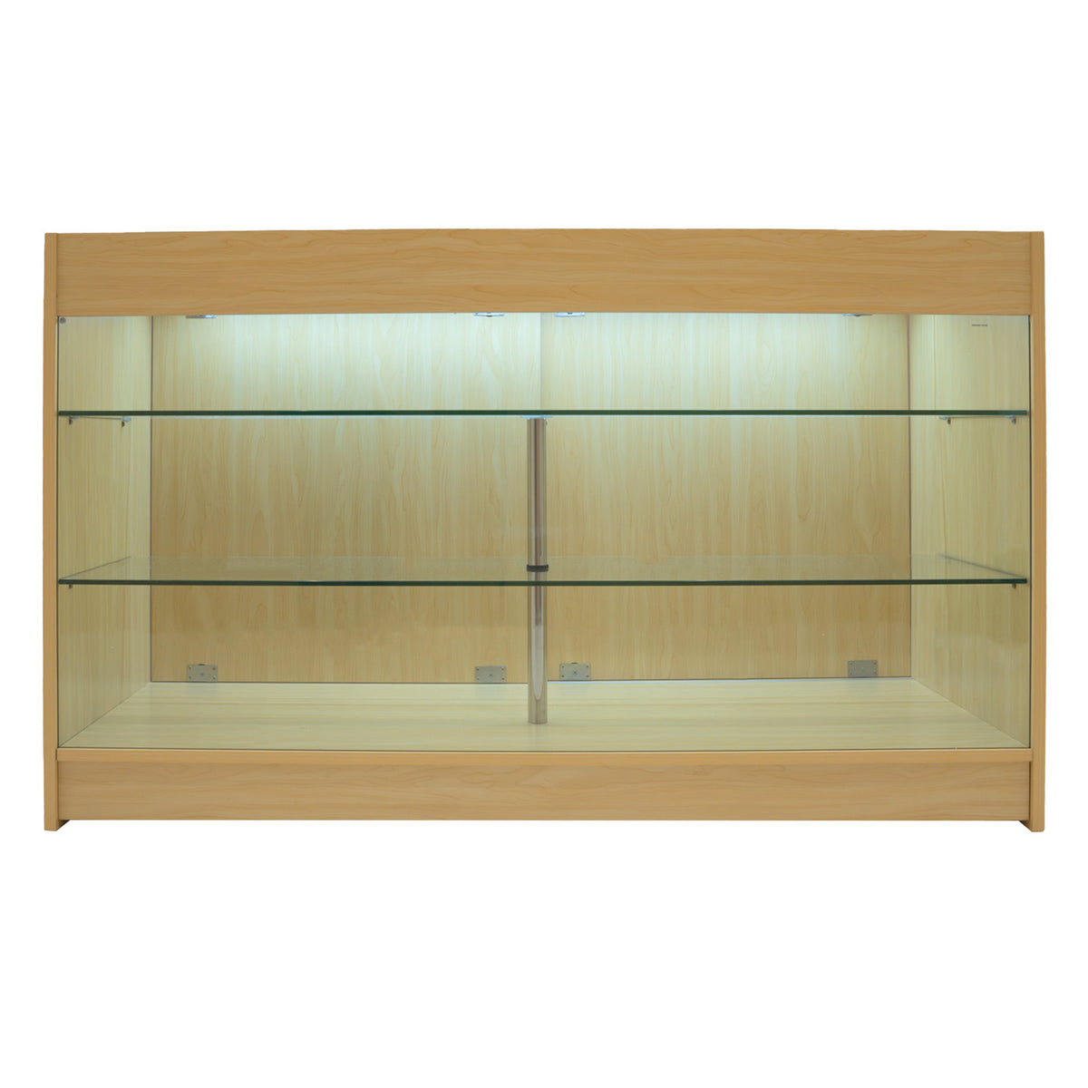 Verkaufstheke aus Ahorn mit zwei Glasregalen, beleuchtet, modernes Design, ideal für die Präsentation von Produkten in Geschäften