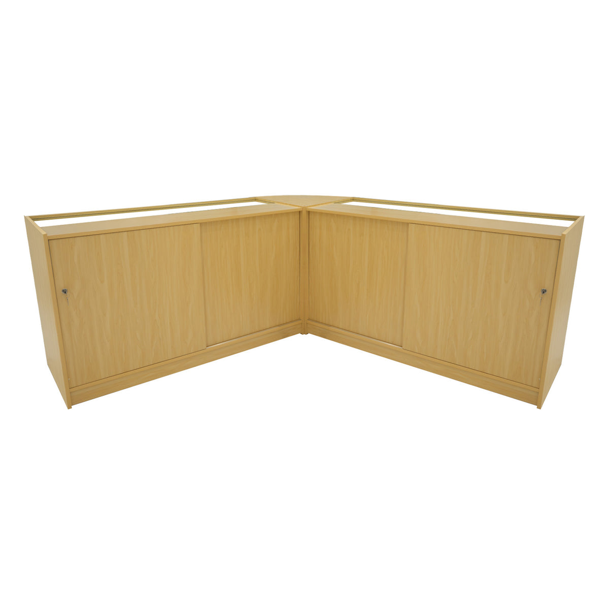 Harmonia LED Verkaufstheken-Set in Ahornfarbe, bestehend aus zwei eleganten, abgerundeten Theken mit glatten Oberflächen und praktischen Stauraumtüren