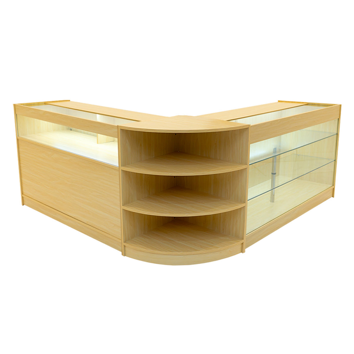 Elegantes Demeter LED Verkaufstheken-Set in hellem Ahornholz, mit klaren Glasflächen und runden Regalen für optimalen Produktausblick und Präsentation