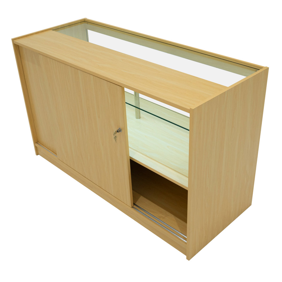 Verkaufstheke aus hellem Ahornholz mit gläserner Vitrine, Schiebetür und offener Ablage, ideal für den Einzelhandel und Ausstellungen