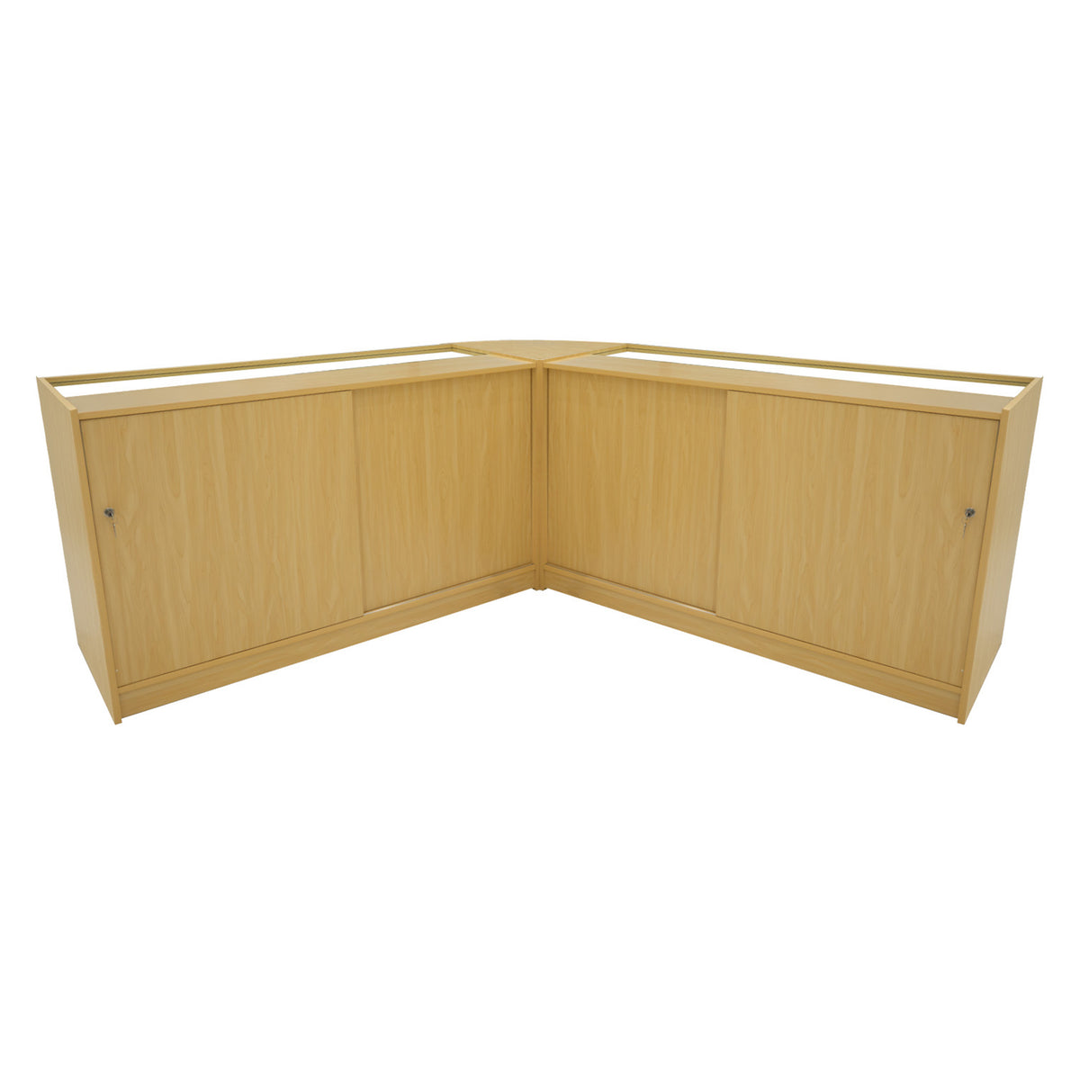 Eckverkaufstheke aus hellem Ahornholz mit glatter Oberfläche, zwei Schubladen und abgerundeten Kanten, ideal für Verkaufsräume und Ausstellungen