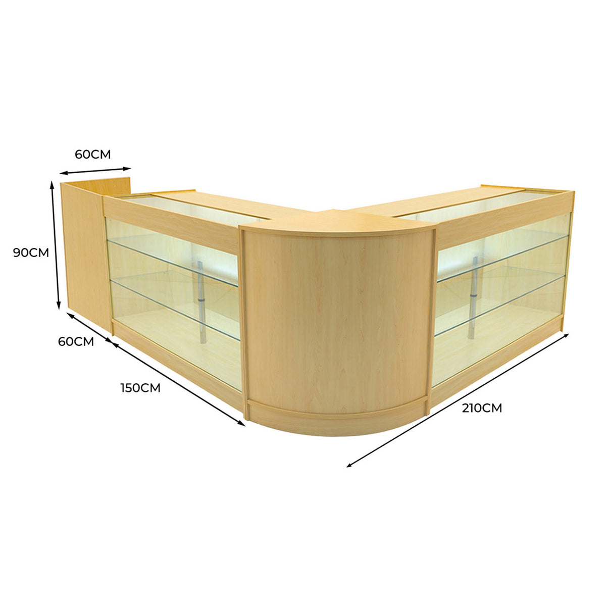 Eckverkaufstheke aus hellem Ahornholz mit Glasregalen, 210 cm lang, 90 cm hoch, ideal für die Präsentation von Produkten in Geschäften