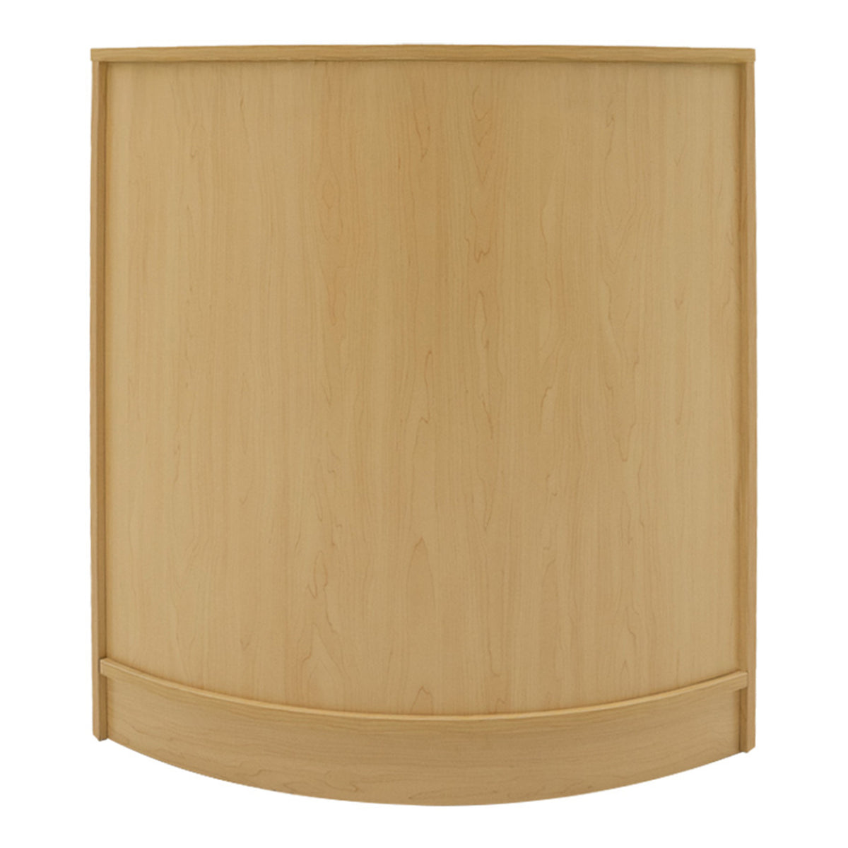 Verkaufstheke aus hellem Ahornholz mit abgerundeter Form, glatter Oberfläche und minimalistischer Gestaltung, ideal für moderne Verkaufsräume