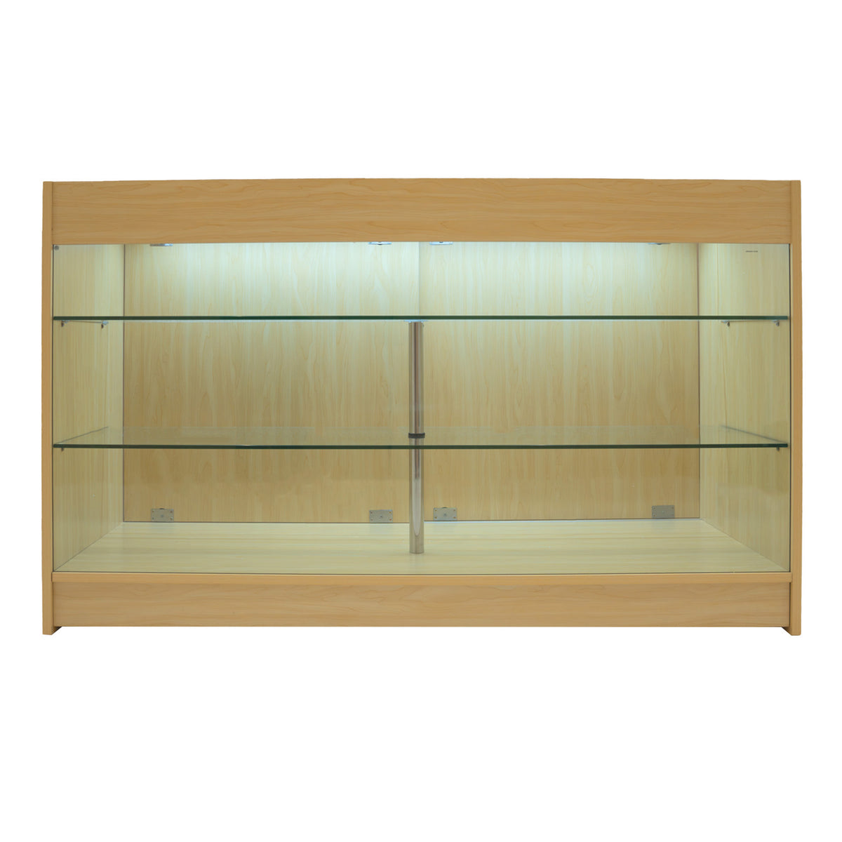Verkaufstheke aus hellem Ahornholz mit zwei Glasregalen, sanfter LED-Beleuchtung und modernem, minimalistischen Design für ansprechende Produktpräsentation
