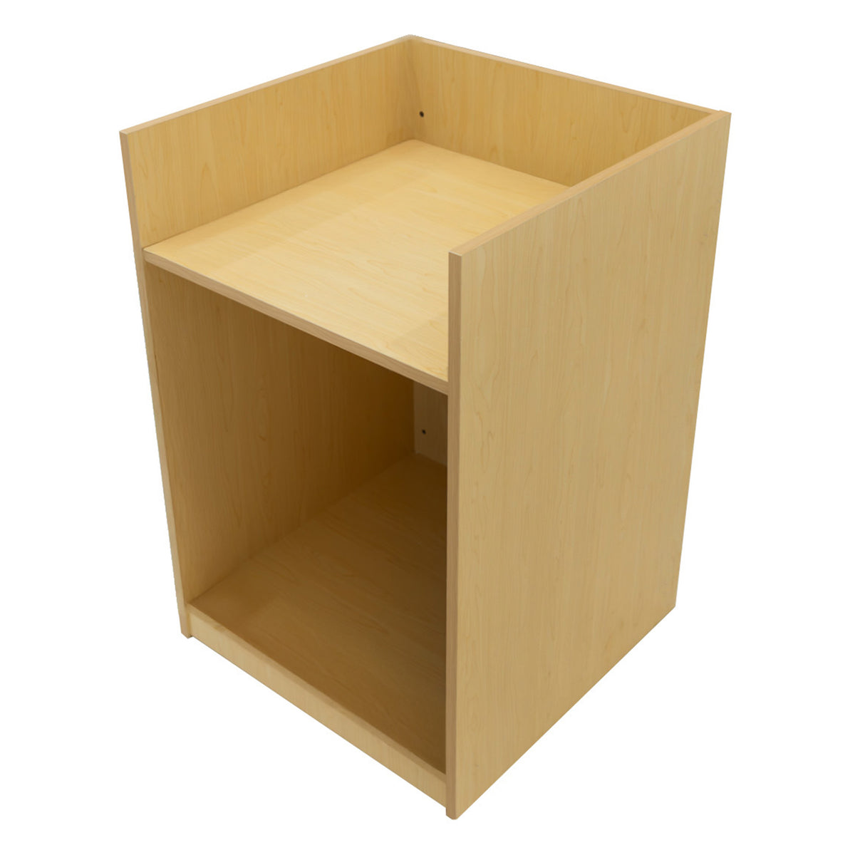 Verkaufstheke aus Ahornholz mit zwei offenen Fächern, glatter Oberfläche und minimalistischer Form, ideal für den Einzelhandel oder Messen