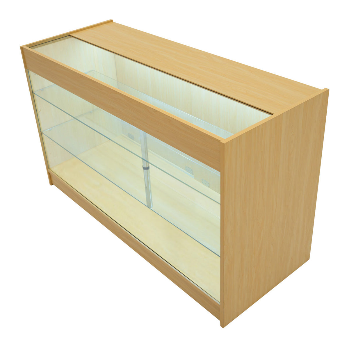 Verkaufstheke aus Ahornholz mit LED-Beleuchtung, transparenten Glasregalen und modernem, minimalistischen Design für ansprechende Produktpräsentation