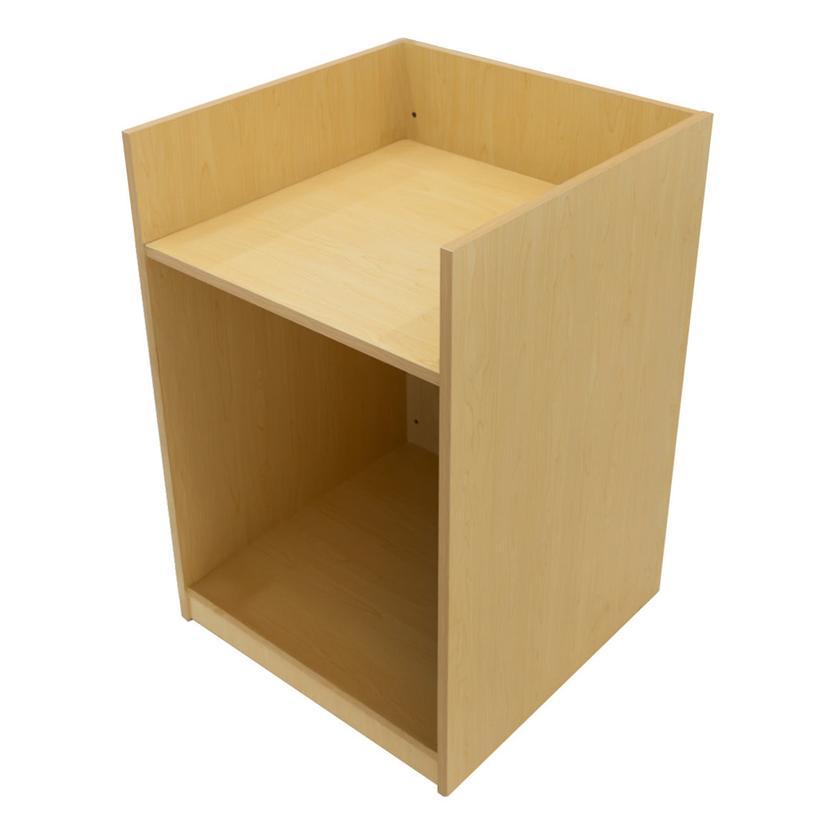 Verkaufstheke aus hellem Ahornholz mit zwei offenen Fächern, glatter Oberfläche und minimalistischer Form, ideal für Verkaufsräume und Ausstellungen