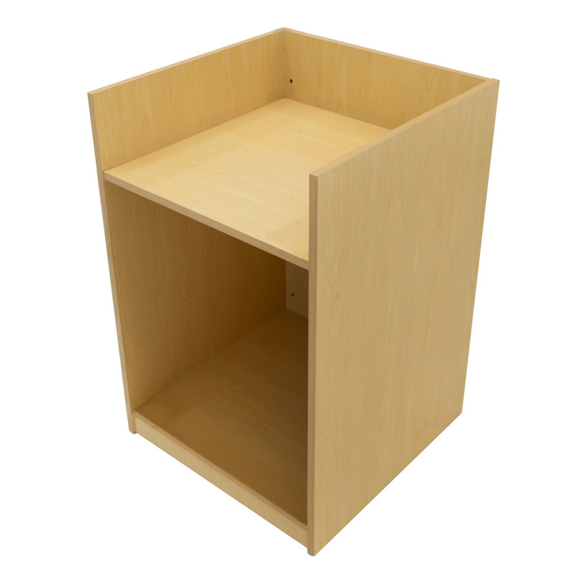 Verkaufstheke aus hellem Ahornholz, mit zwei offenen Fächern, glatter Oberfläche und modernen, klaren Linien für eine elegante Präsentation