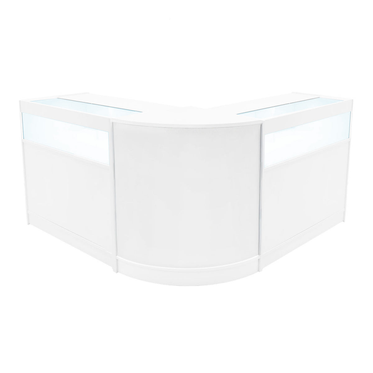 Elegantes Verkaufstheken-Set in Weiß, bestehend aus zwei L-förmigen Modulen mit transparenten Glasflächen und glatten Oberflächen für modernen Einzelhandel