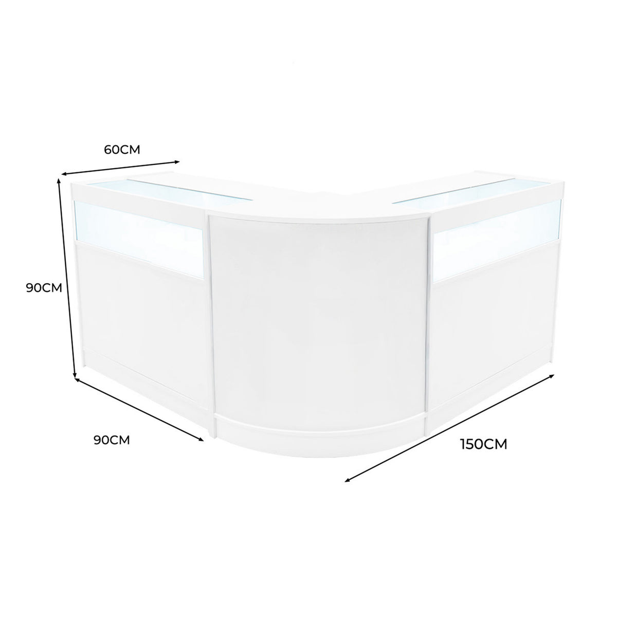 Elegantes, weißes Iris LED Verkaufstheken-Set mit abgerundeten Kanten, zwei Stück, ideal für Verkaufsräume und Ausstellungen, mit transparenten Glasflächen