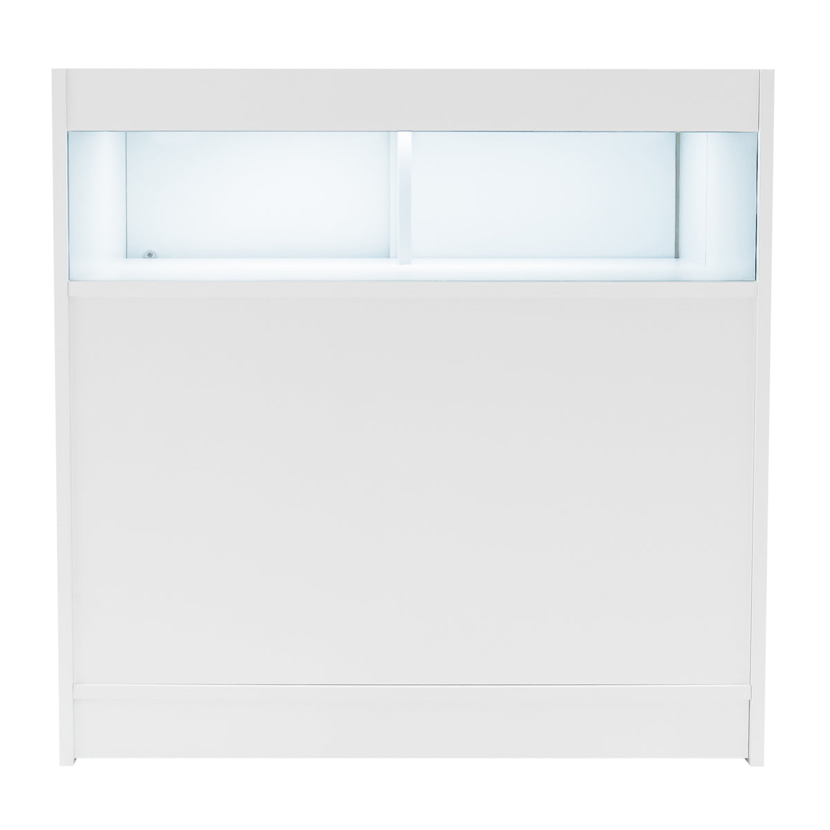 Weißes Verkaufstheken-Set mit LED-Beleuchtung, modernem Design und glatter Oberfläche, ideal für Verkaufsräume und Ausstellungen