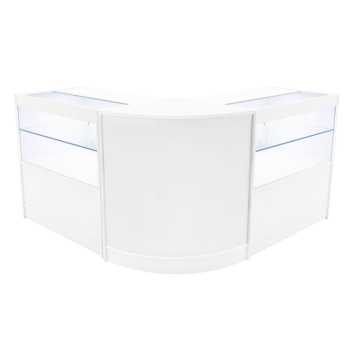 Elegantes, weißes LED Verkaufstheken-Set mit zwei Vitrinen, abgerundeten Kanten und transparenten Glasflächen für optimale Produktpräsentation