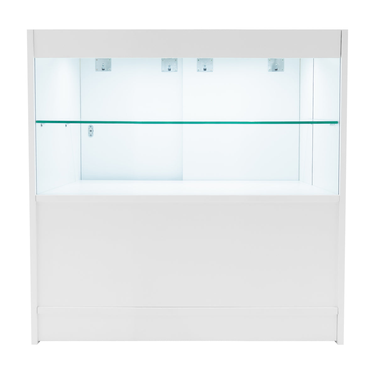 Weißes Selene LED Verkaufstheken-Set mit zwei Glasregalen, modernem Design und sanfter Beleuchtung für ansprechende Produktpräsentation