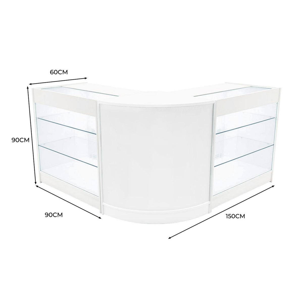 Elegantes, weißes LED-Verkaufstheken-Set mit zwei gebogenen Modulen, Glasregalen und modernen, klaren Linien, ideal für Verkaufsräume