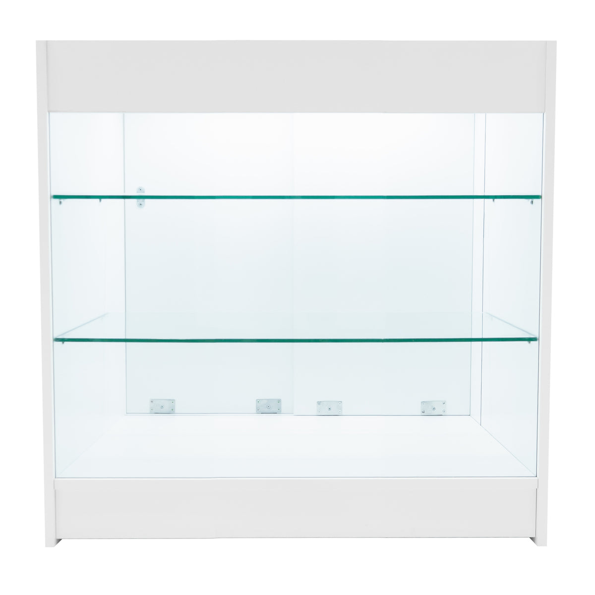 Weißes LED Verkaufstheken-Set mit zwei Glasregalen, modernem Design und klaren Linien, ideal für die Präsentation von Produkten