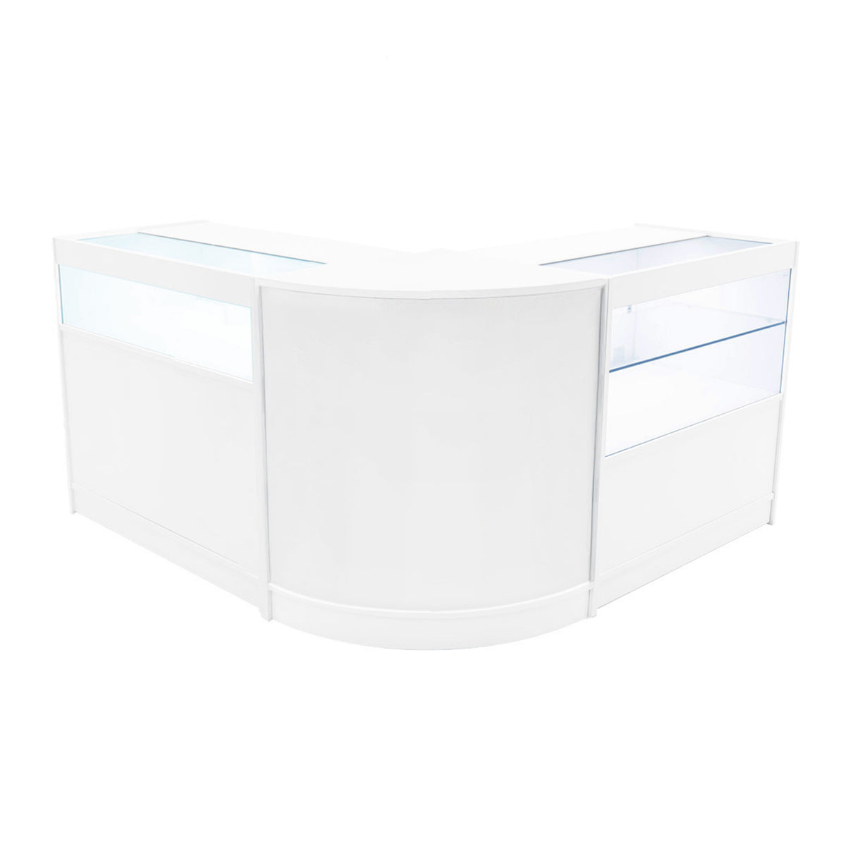 Elegante, weiße LED Ladentheke mit abgerundeten Ecken, Glasvitrinen und klaren Linien, ideal für moderne Verkaufsräume und Ausstellungen