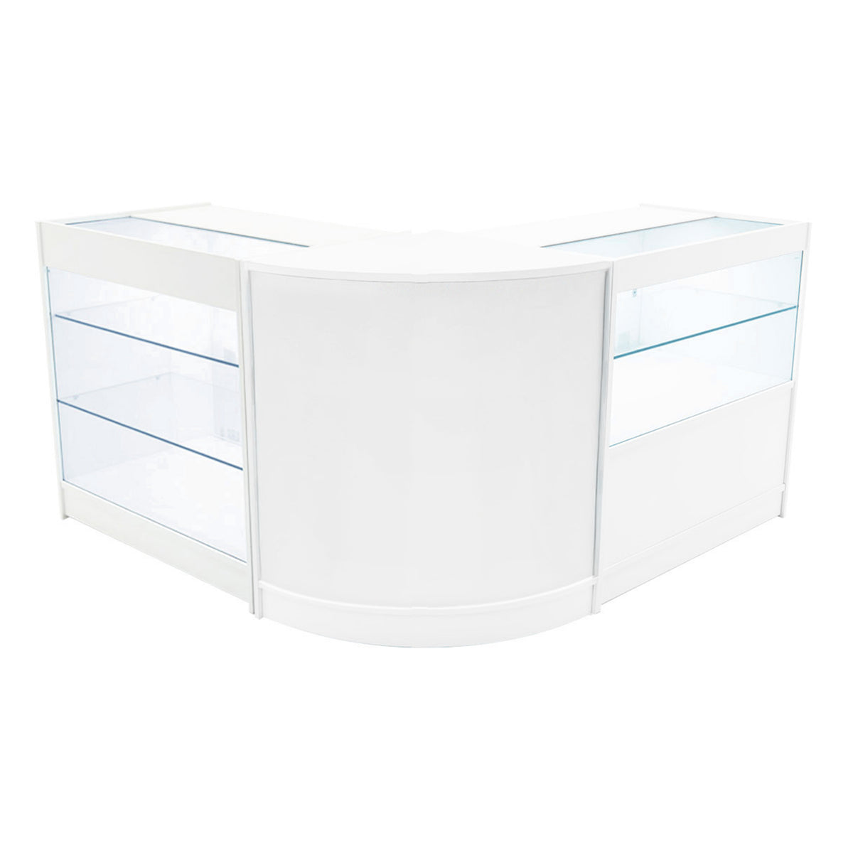 Elegantes Verkaufstheken-Set in Weiß mit gläsernen Regalen, abgerundeten Kanten und modernem Design, ideal für Einzelhandelsumgebungen