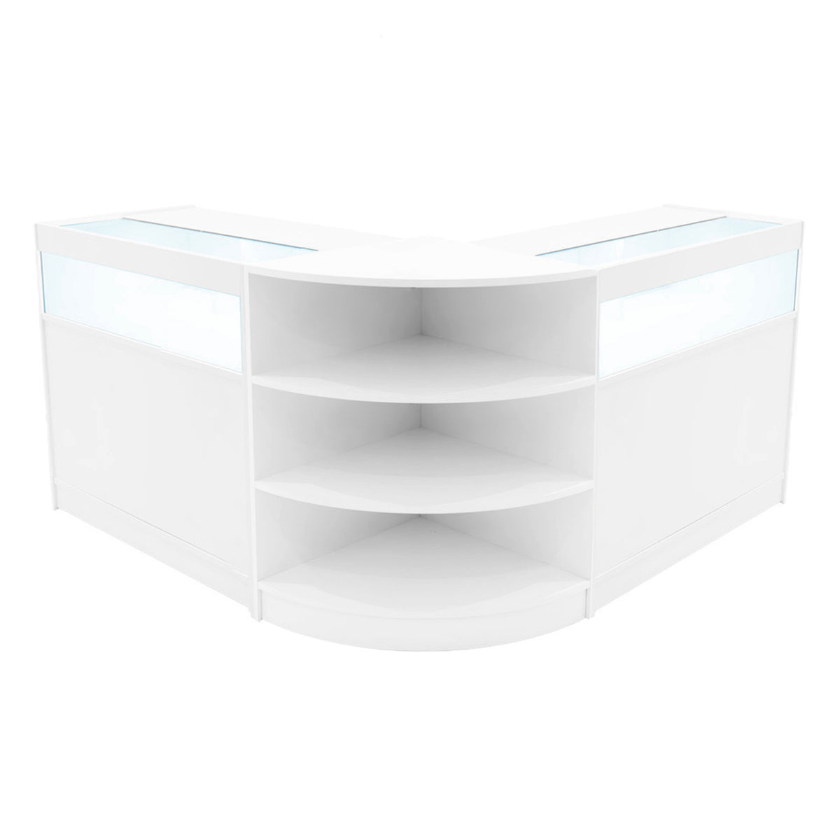 Elegantes, weißes LED-Verkaufstheken-Set mit zwei Ecken, glatten Oberflächen und offenen Regalen für optimale Präsentation und Beleuchtung