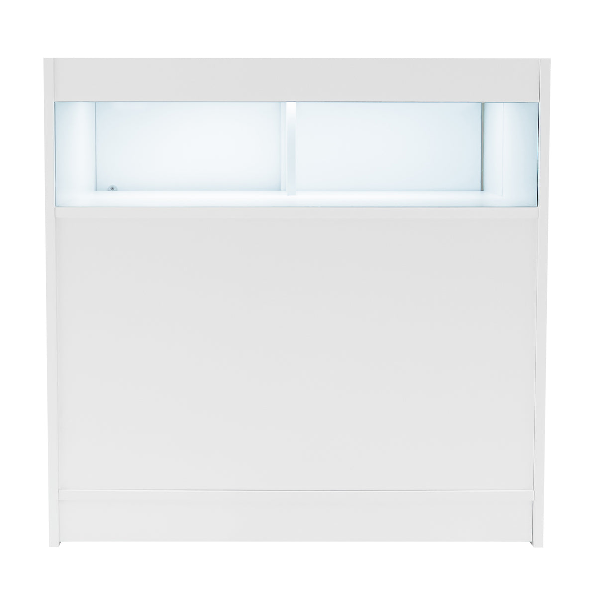 Weißes LED-Verkaufstheken-Set mit zwei Einheiten, glatte Oberfläche, integrierte Beleuchtung und modernes, minimalistisches Design