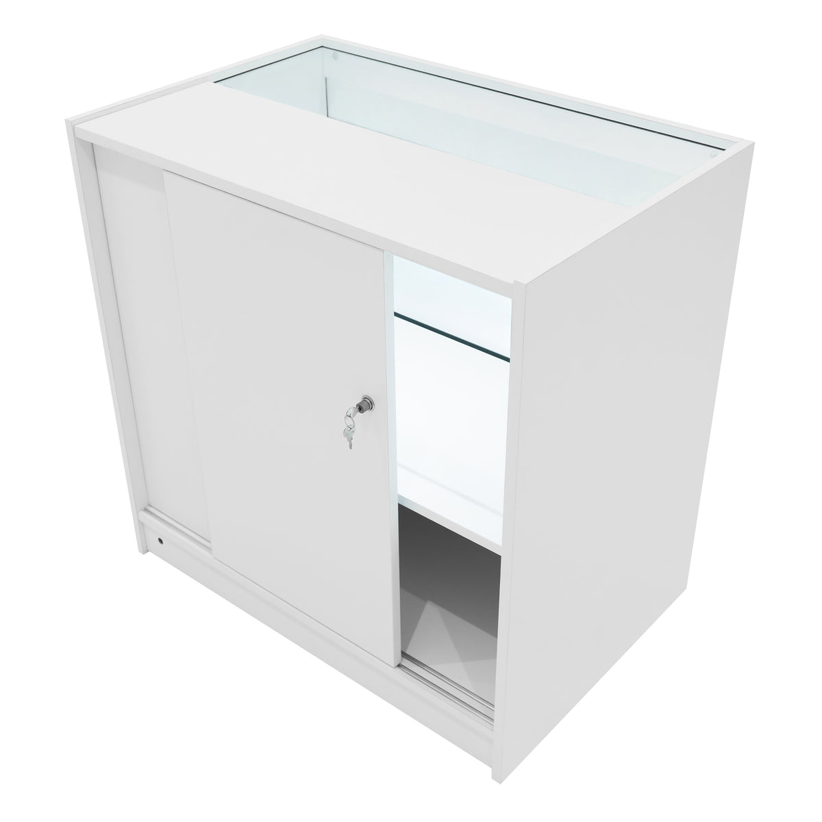 Weißes Andromeda LED Verkaufstheken-Set mit Glastür, beleuchtetem Innenraum und glatten Oberflächen, ideal für die Präsentation von Produkten