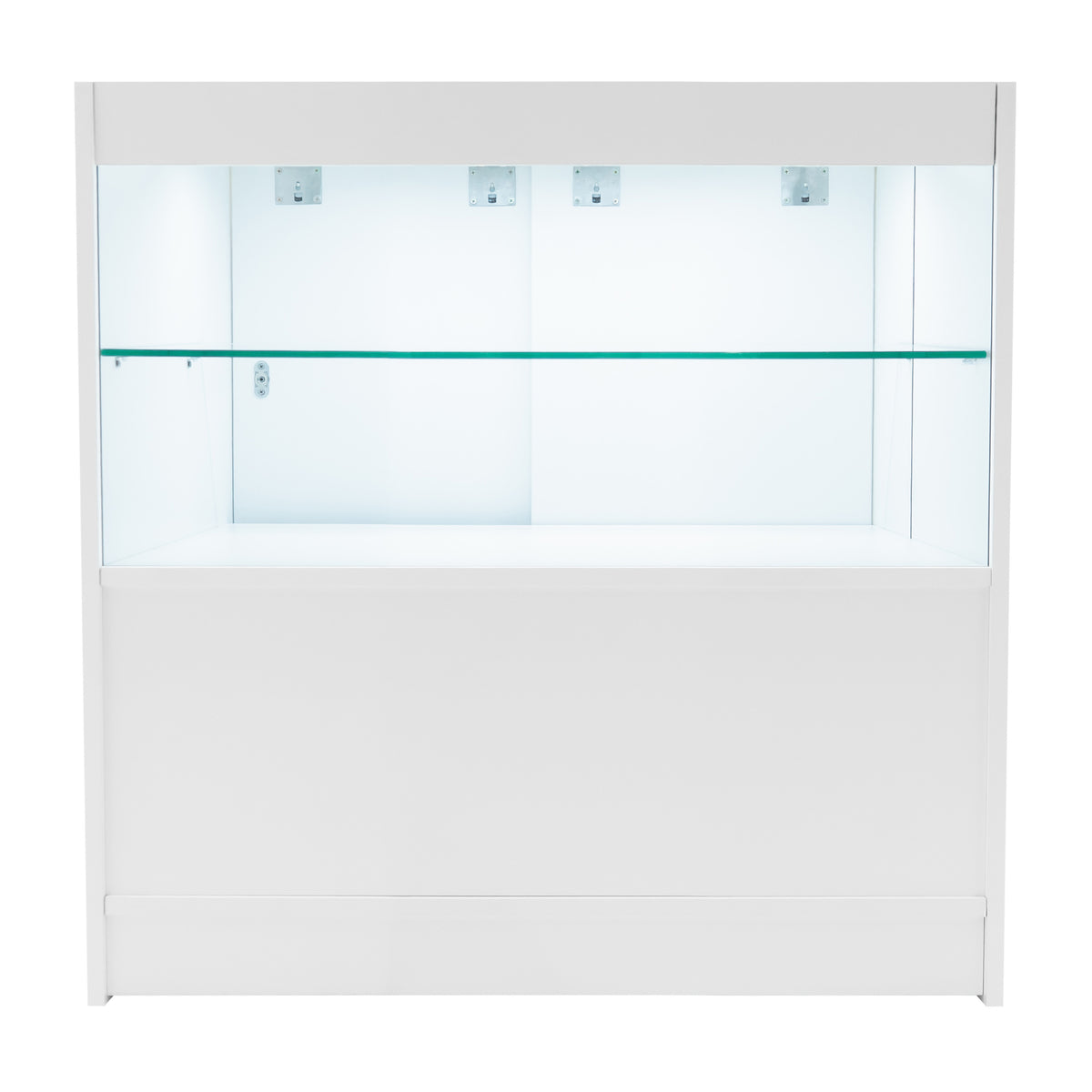 Weißes Andromeda LED Verkaufstheken-Set mit zwei Regalen, Glasablage und beleuchtetem Innenraum für optimale Produktpräsentation