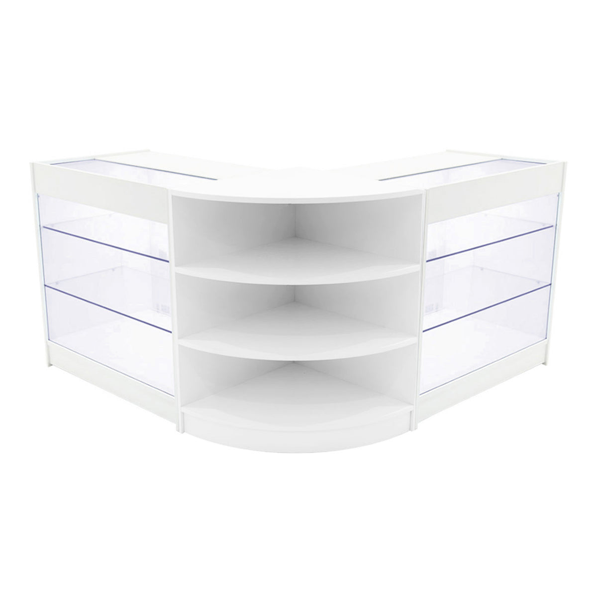 Elegantes, weißes Verkaufstheken-Set mit transparenten Glasflächen und abgerundeten Ecken, ideal für die Präsentation von Produkten in Geschäften