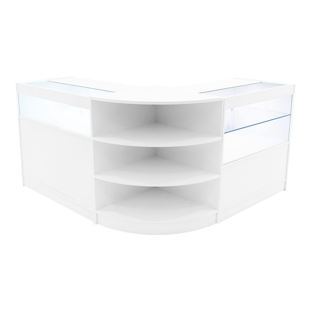 Harmonia LED Verkaufstheken-Set in Weiß, mit glatten Oberflächen, klaren Glasvitrinen und eleganten, abgerundeten Kanten für modernen Einzelhandel