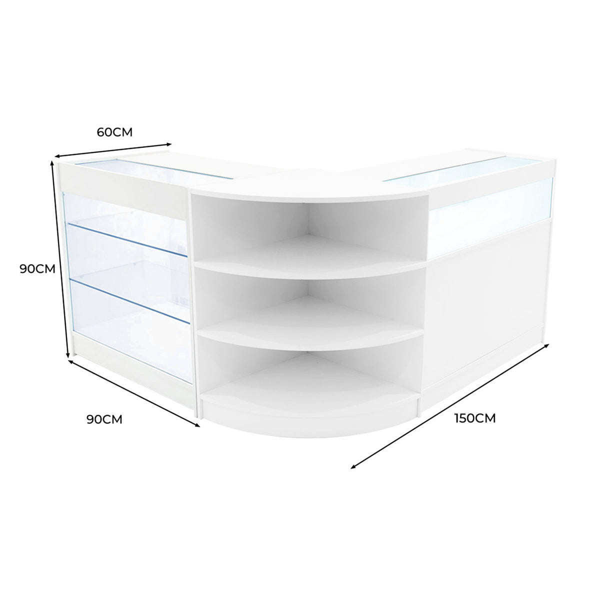 Elegantes, weißes LED-Verkaufstheken-Set mit abgerundeten Ecken, Glasregalen und großzügigem Stauraum, ideal für moderne Verkaufsräume