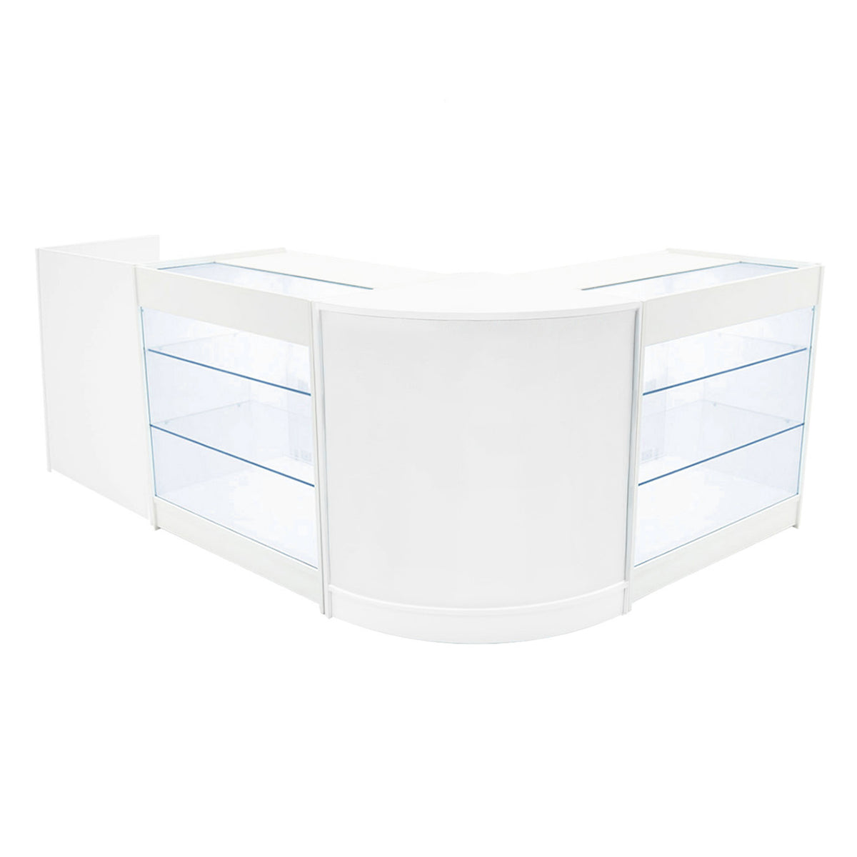 Elegantes, weißes LED Verkaufstheken-Set mit zwei transparenten Glasregalen, ideal für moderne Verkaufsräume und Ausstellungen