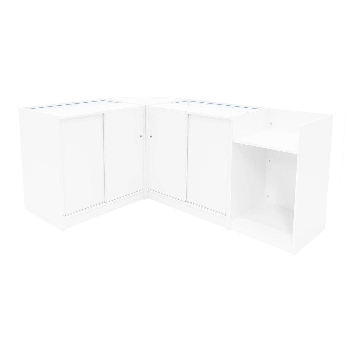Weißes Aries LED Verkaufstheken-Set mit zwei Ecken und einer offenen Ablage, glatte Oberflächen und moderne, minimalistische Gestaltung