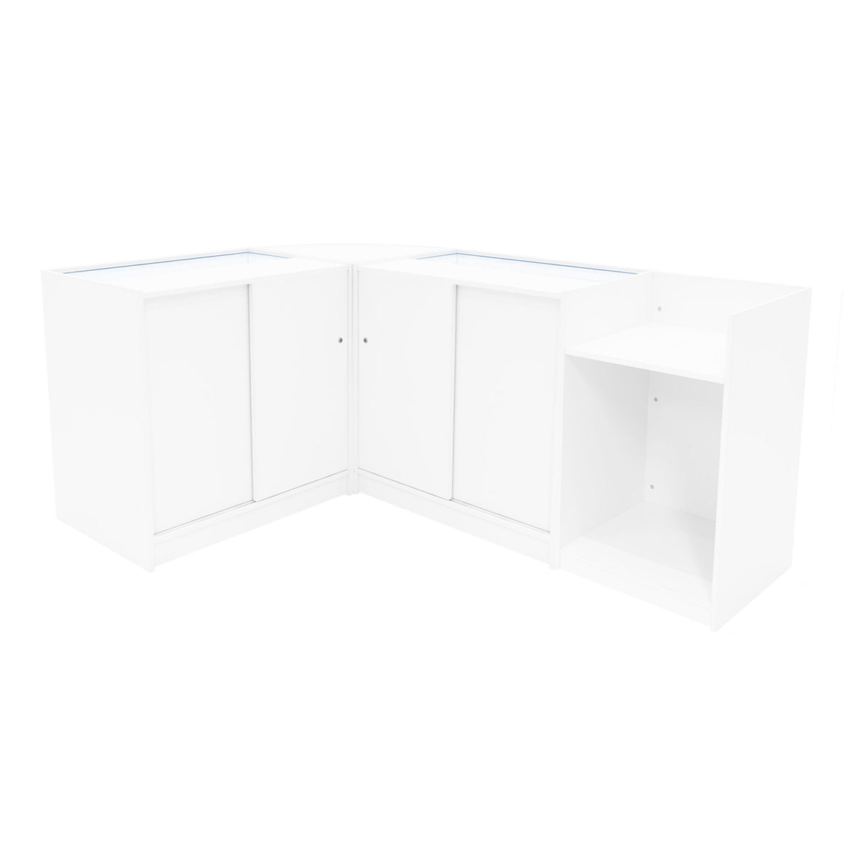 Elegantes Verkaufstheken-Set in Weiß, bestehend aus zwei Ecken, mit glatten Oberflächen, integrierten Schränken und offenen Regalen für optimalen Stauraum