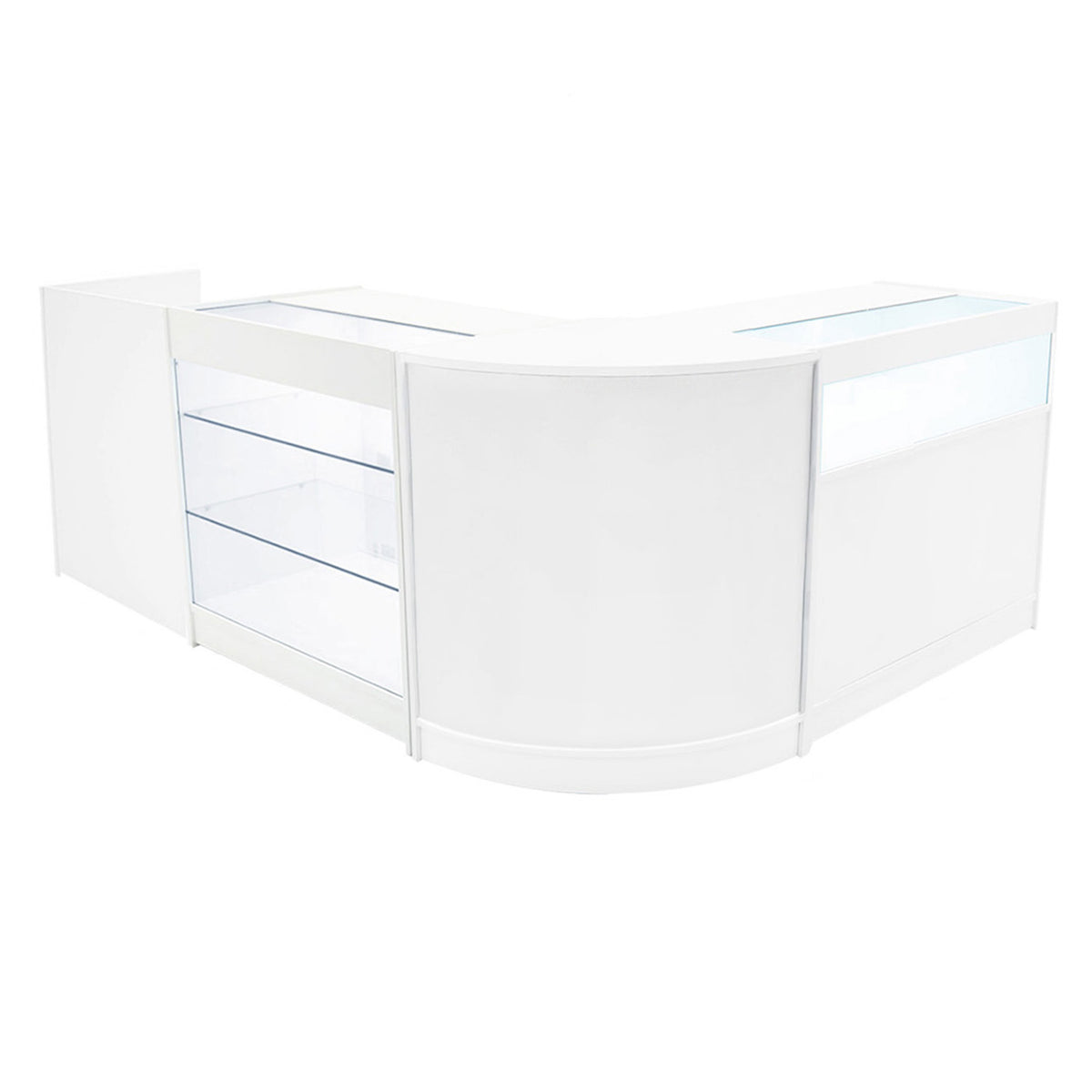 Elegantes Verkaufstheken-Set in Weiß mit klaren Glasflächen, geschwungener Form und modernem Design, ideal für den Einzelhandel und Ausstellungen