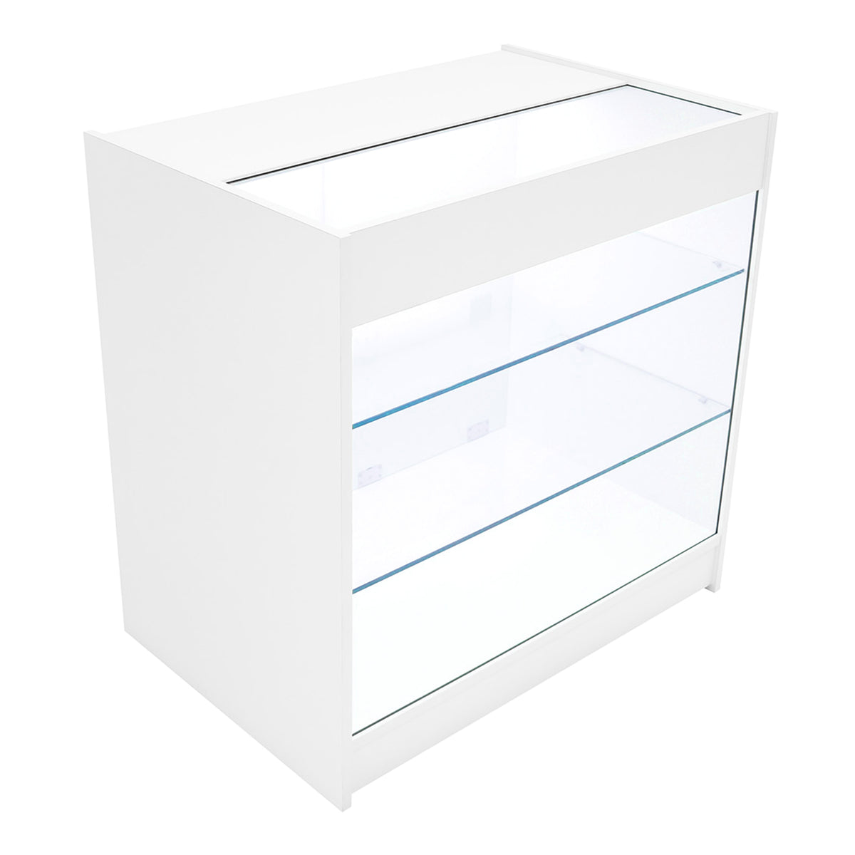 Polaris LED Verkaufstheke in Weiß mit gläsernen Regalen, modernem Design und klaren Linien, ideal für den Einzelhandel und Ausstellungen