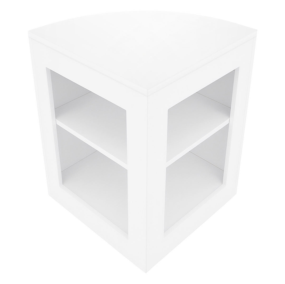 Eckiger, weißer Verkaufstresen mit zwei offenen Regalen, glatte Oberfläche und moderne, minimalistische Form, ideal für Verkaufsflächen und Ausstellungen