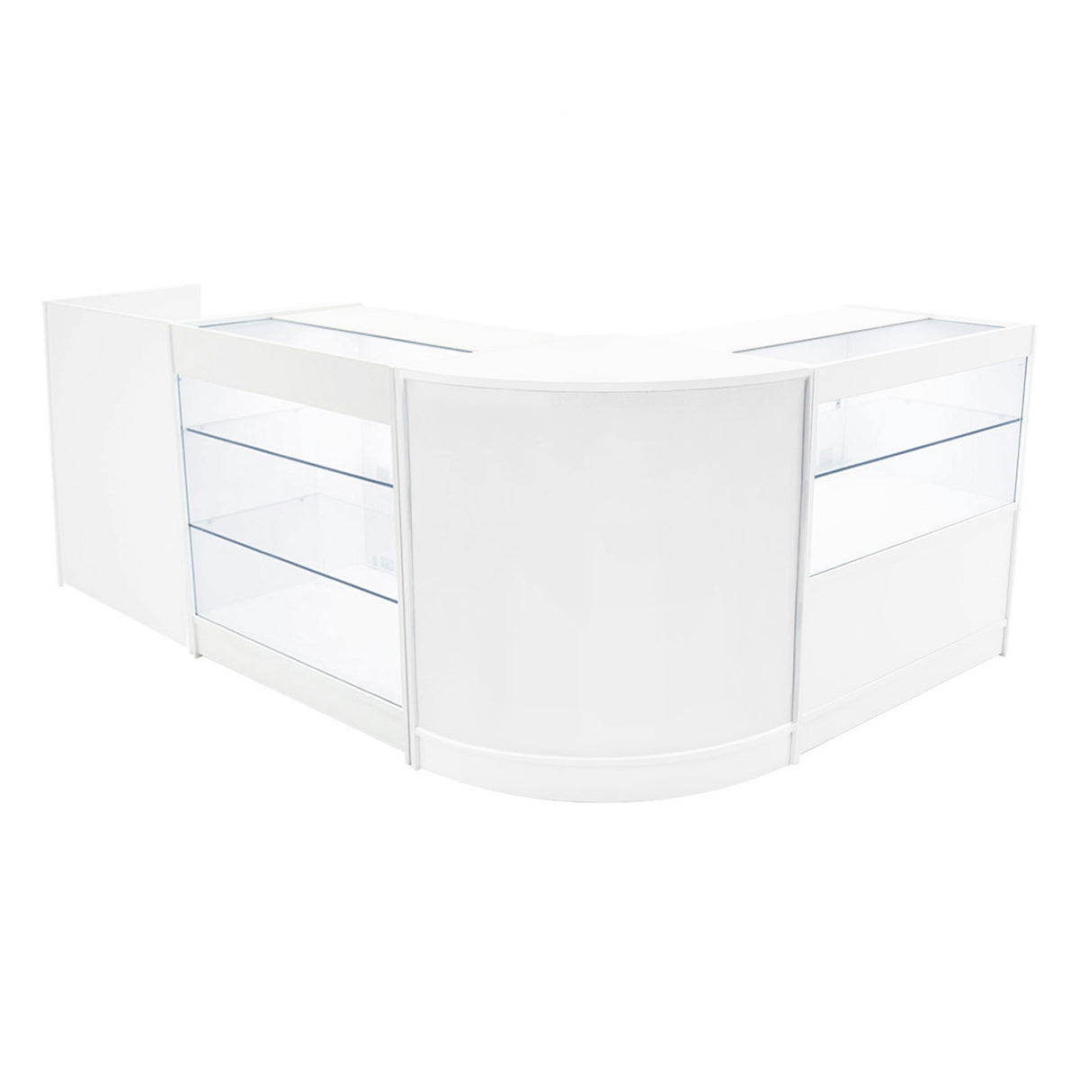 Elegantes, weißes LED Verkaufstheken-Set mit gläsernen Vitrinen, abgerundeten Kanten und modernem Design, ideal für den Einzelhandel