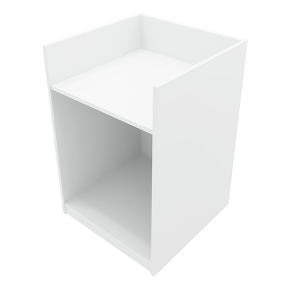 Weißes Vega LED Verkaufstheken-Set mit klaren Linien, modernem Design und glatter Oberfläche, ideal für Verkaufsräume und Ausstellungen