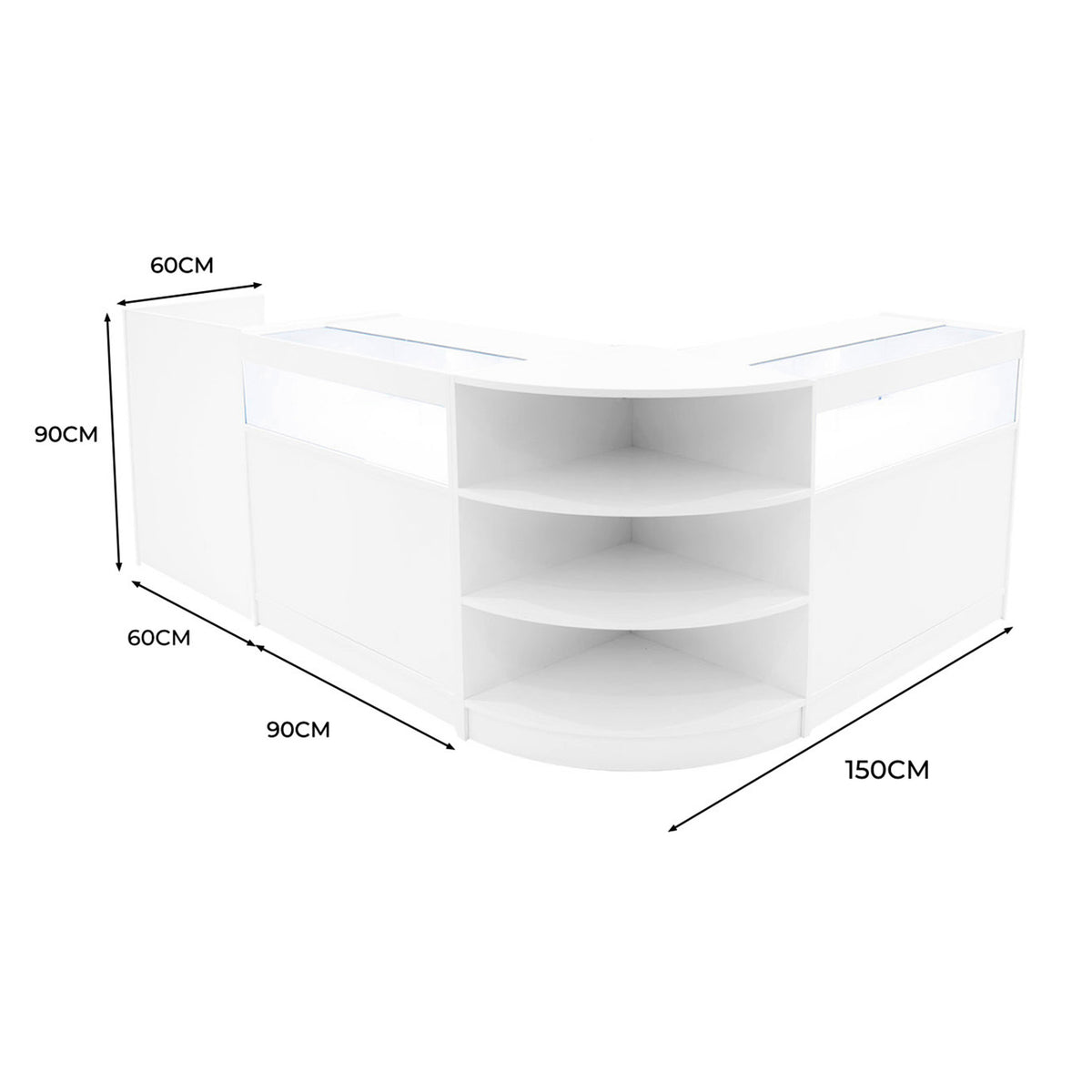 Elegantes, weißes LED-Verkaufstheken-Set mit abgerundeten Kanten, drei offenen Regalen und klaren Glasflächen, ideal für moderne Verkaufsräume