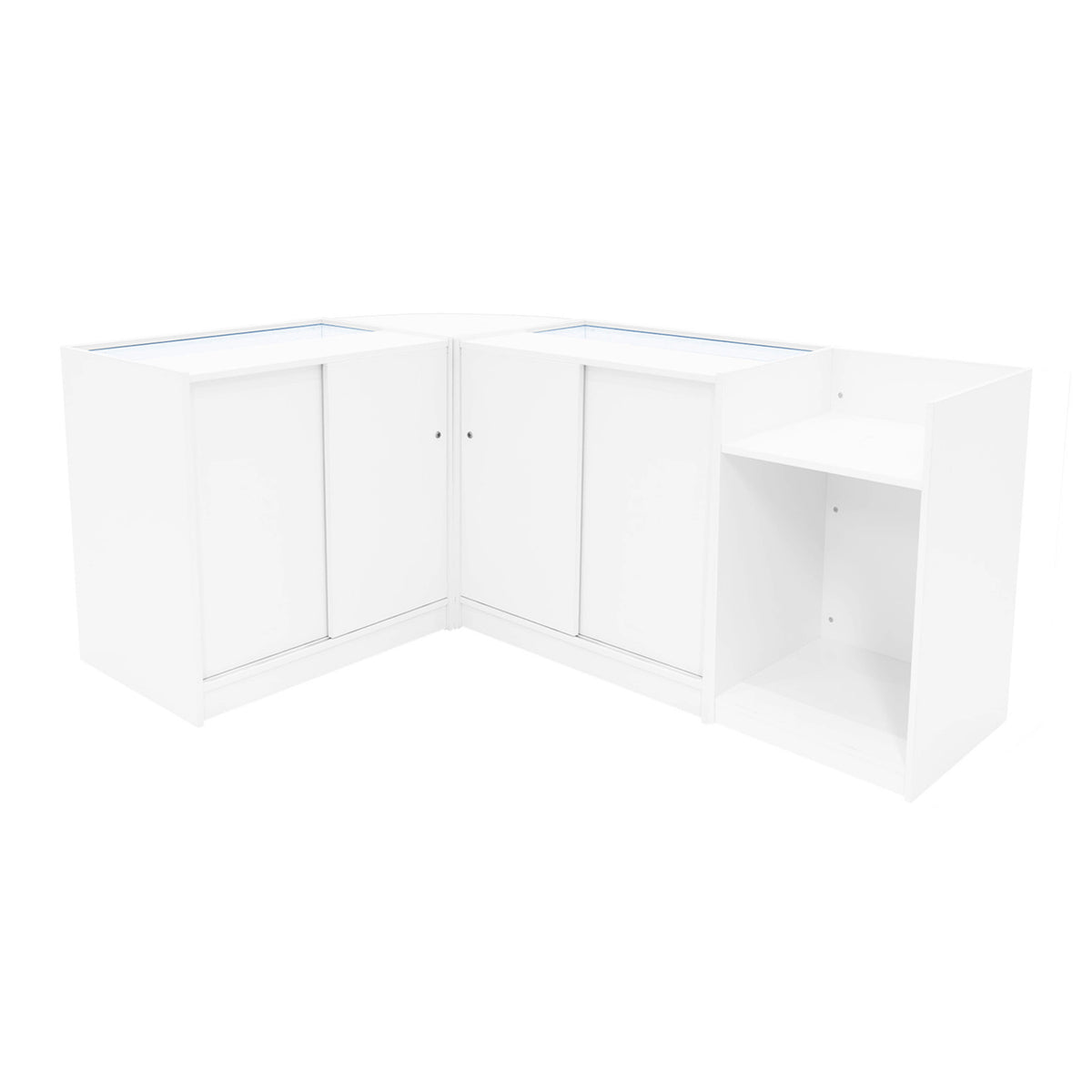 Eckverkaufsregal-Set in Weiß, bestehend aus zwei LED-beleuchteten Vitrinen mit glatten Oberflächen, ideal für die Präsentation von Produkten