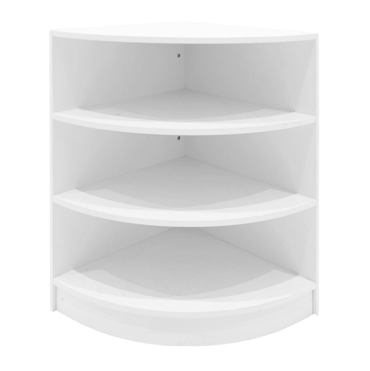 Eckregal in Weiß mit vier offenen Regalböden, ideal für Verkaufsflächen, modernes Design und glatte, matte Oberfläche für eine elegante Präsentation