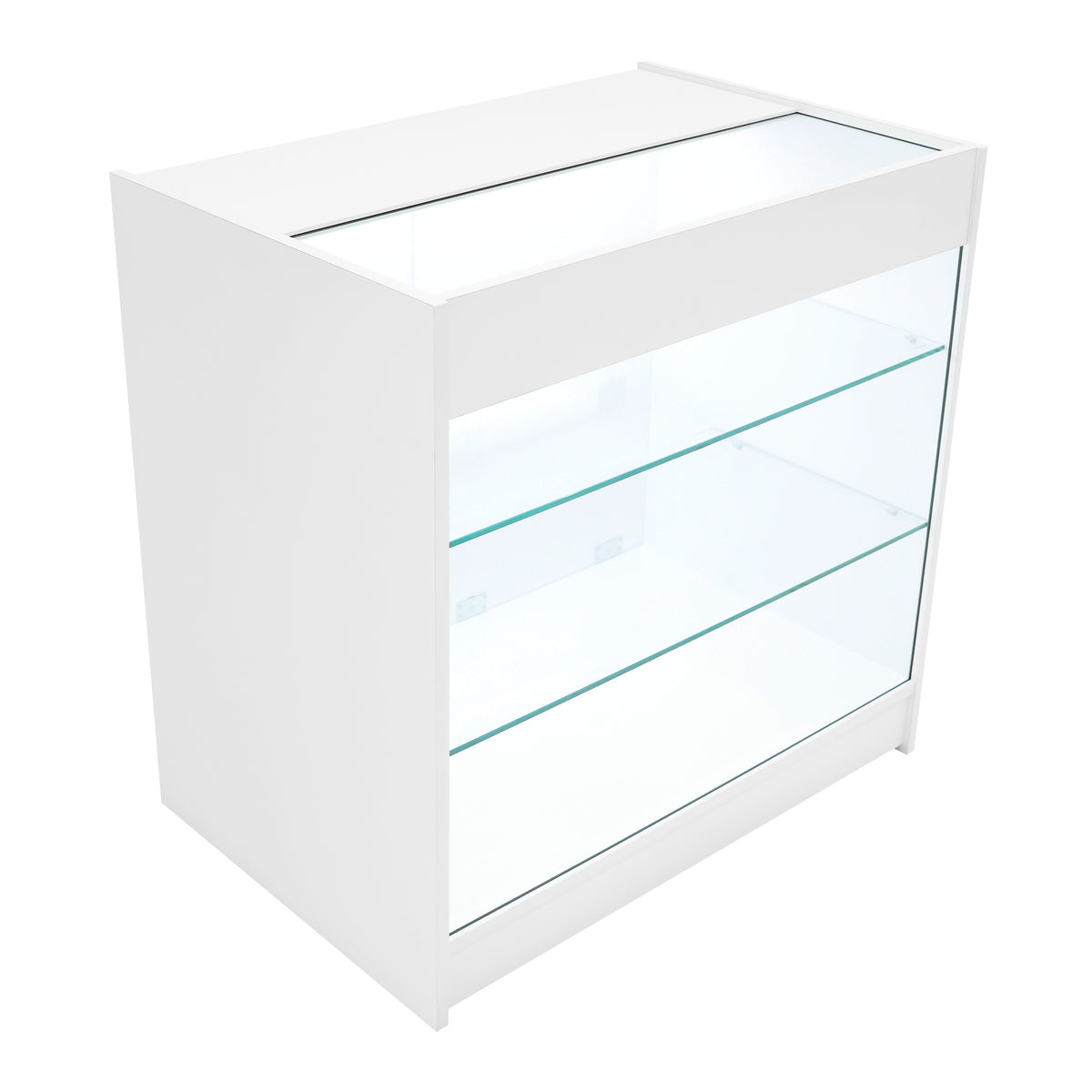 Weißes LED Verkaufstheken-Set mit Glasregalen, modernem Design und klaren Linien, ideal für die Präsentation von Produkten in Geschäften