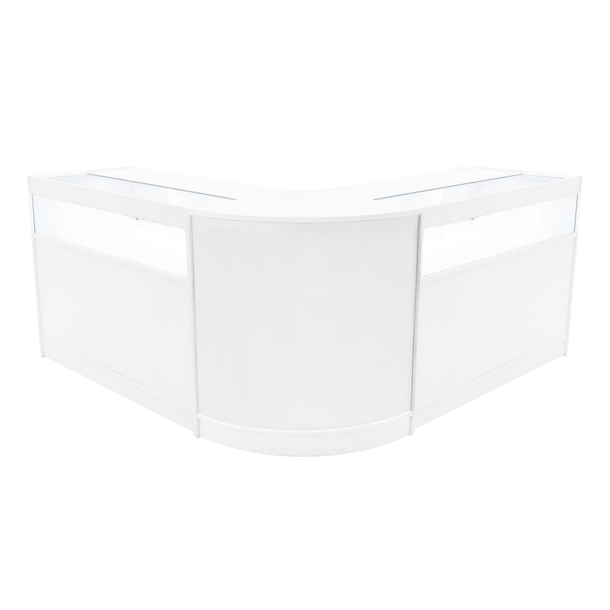 Elegantes, weißes Verkaufstheken-Set mit abgerundeten Kanten, ideal für den Einzelhandel, mit klaren Glasflächen für optimale Sichtbarkeit der Produkte