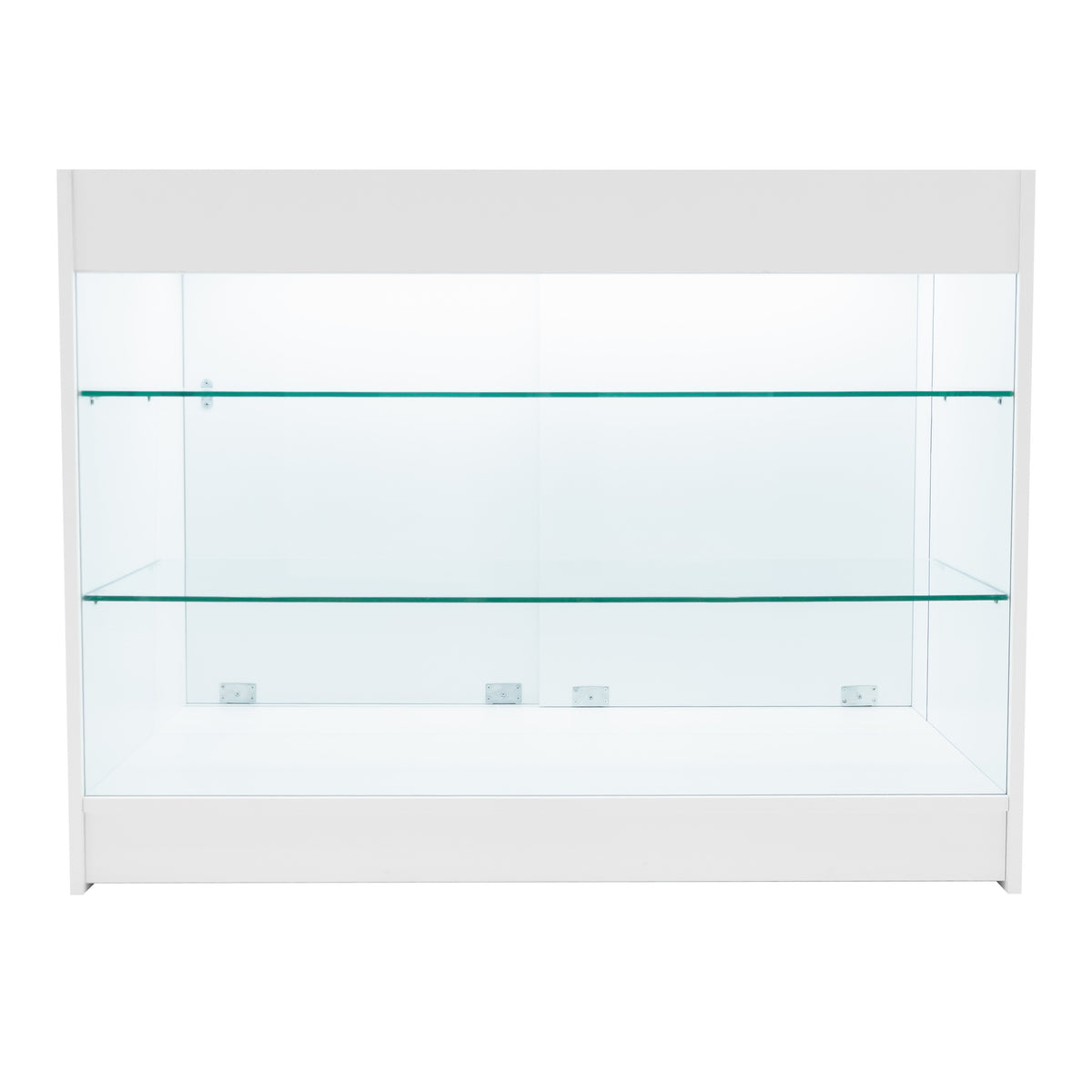Weißes LED Verkaufstheken-Set mit zwei Regalen aus Glas, elegantes Design, klare Linien und moderne Beleuchtung für ansprechende Produktpräsentation