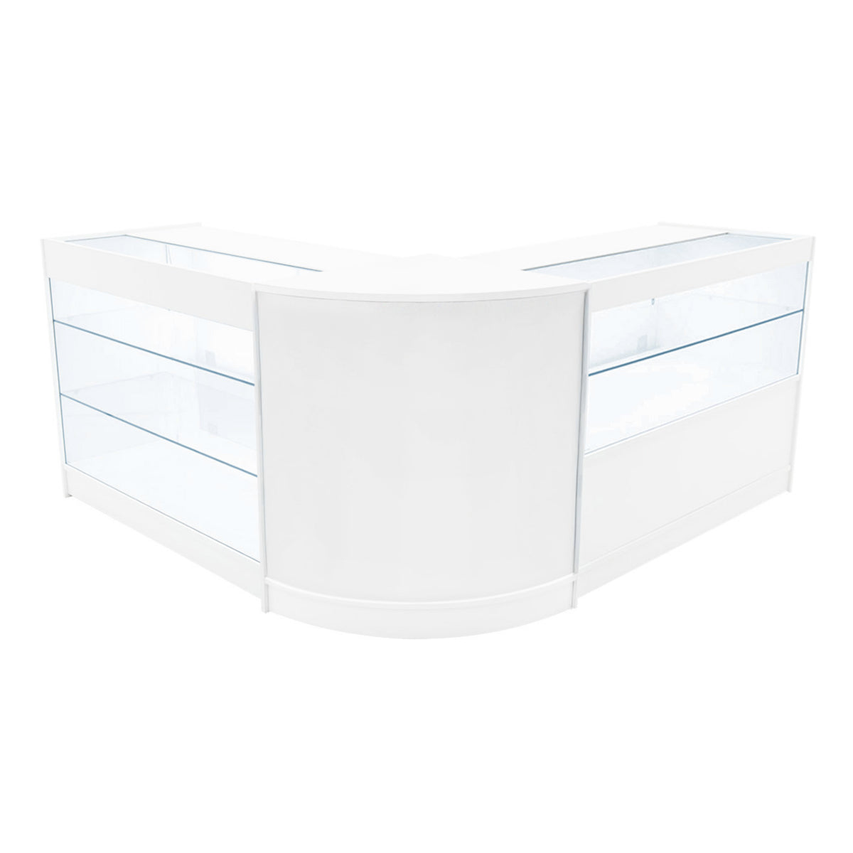 Elegantes Verkaufstheken-Set in Weiß mit gläsernen Regalen, abgerundeten Kanten und modernem Design, ideal für Einzelhandelsumgebungen