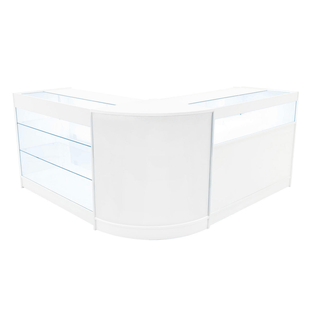 Elegantes, weißes Triton LED Verkaufstheken-Set mit gläsernen Regalen und abgerundeten Kanten, ideal für moderne Verkaufsräume